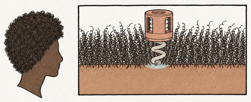 Cross-section of the coil threading through loose coily hair to reach the scalp