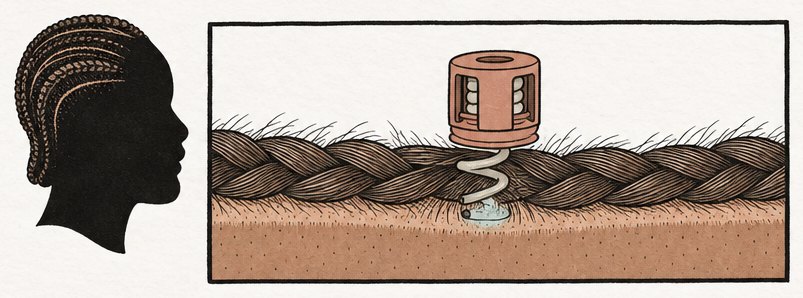 Cross-section showing routes into cornrowed hair: through the braid, between rows, and at the pulled strands near the root