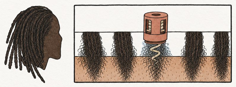 Cross-section showing entry at the root between locs rather than into the loc itself
