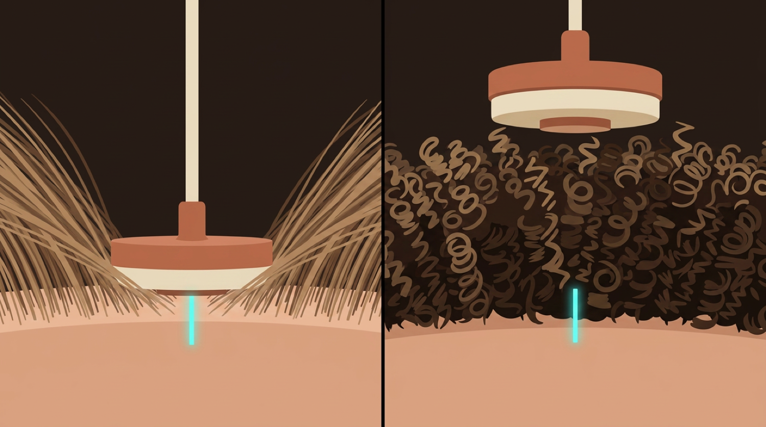 Diagram comparing an electrode reaching the scalp through straight hair versus failing to reach through afro-textured hair