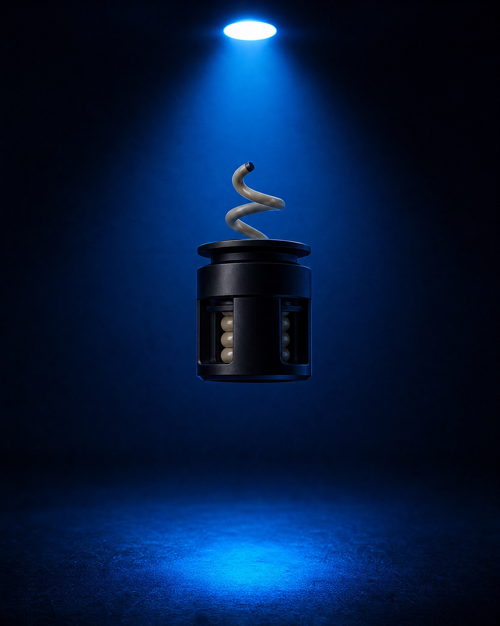 A single Syn-R1 electrode standing under a spotlight, spring uppermost