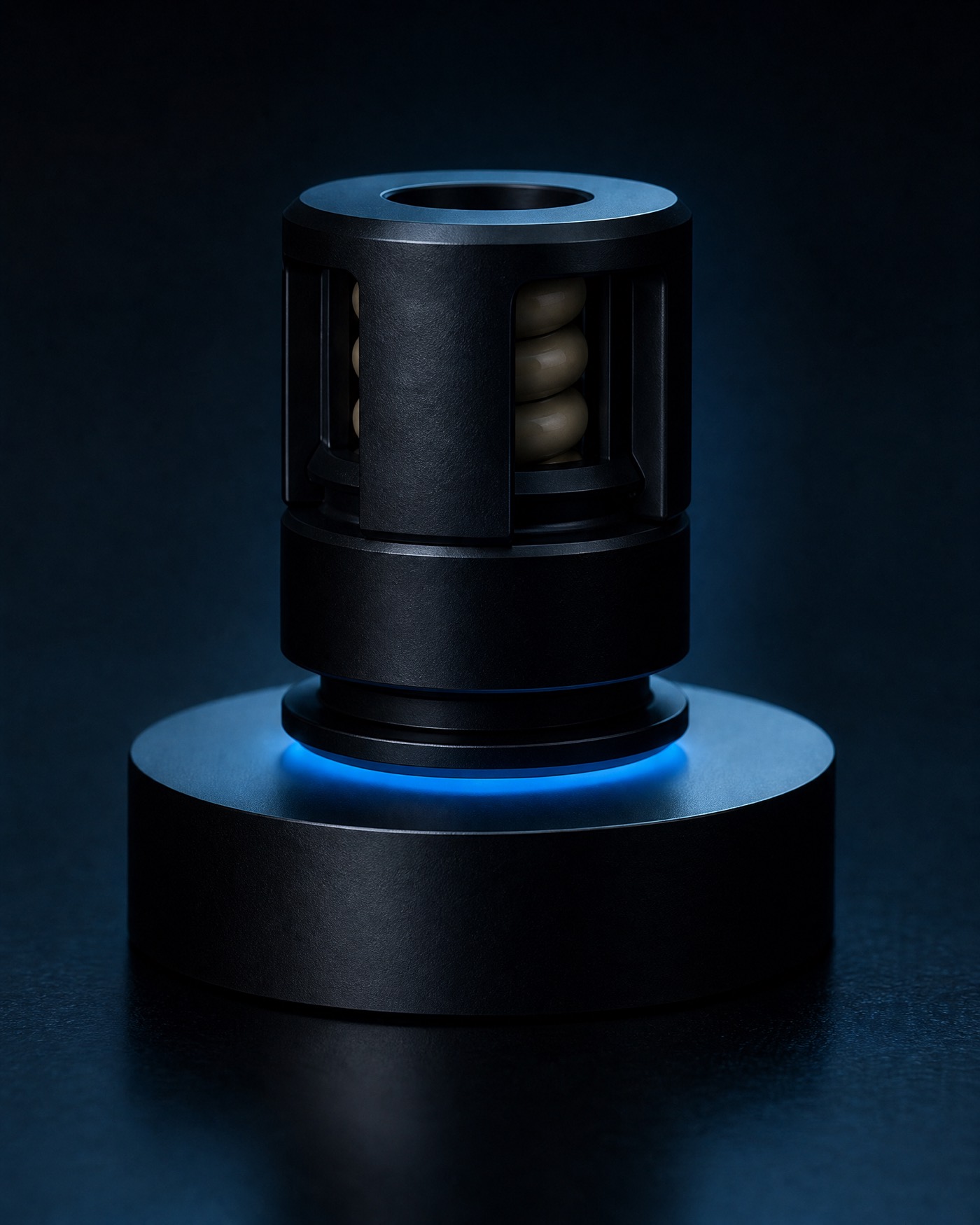 The Syn-R1 electrode standing on a machined base, lit from below