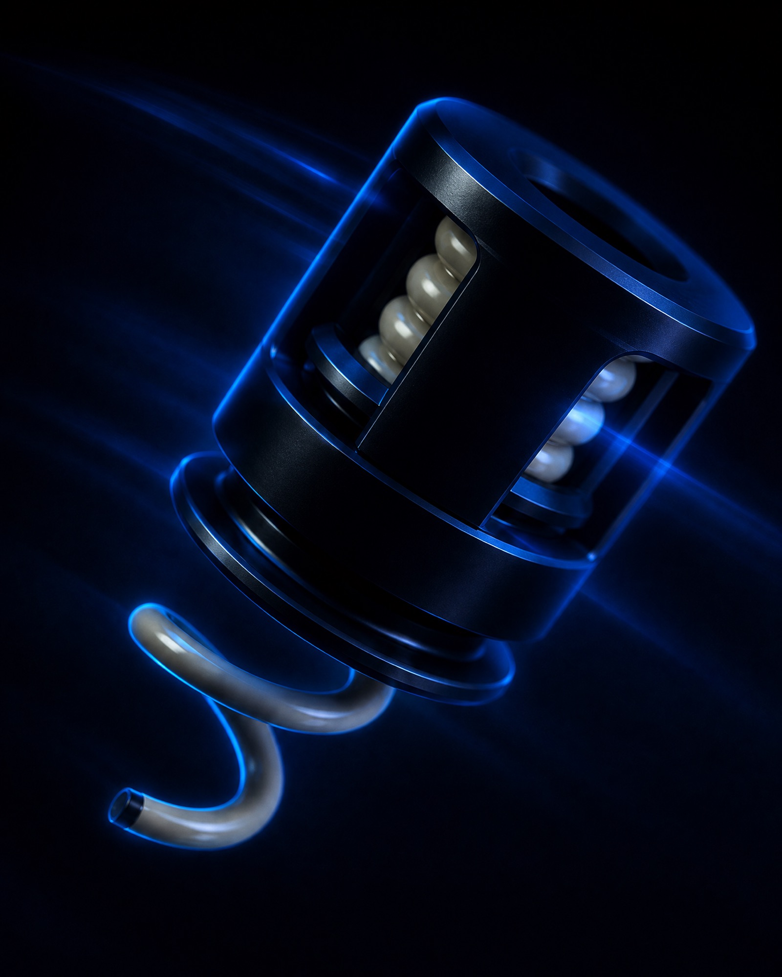 The Syn-R1 contact mechanism, housing and springs lit by streaks of blue light