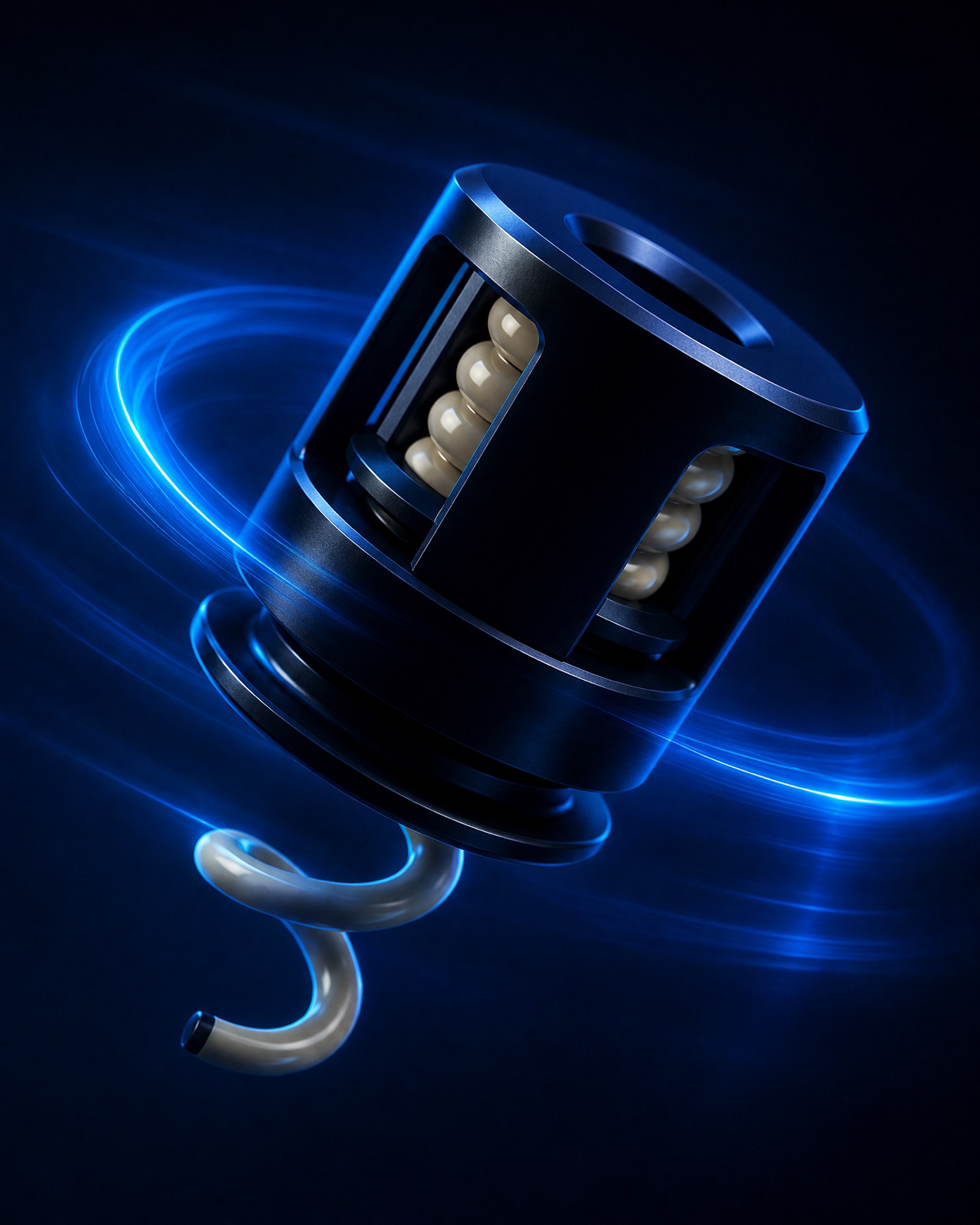 The Syn-R1 electrode housing and spring, lit by a sweep of blue light