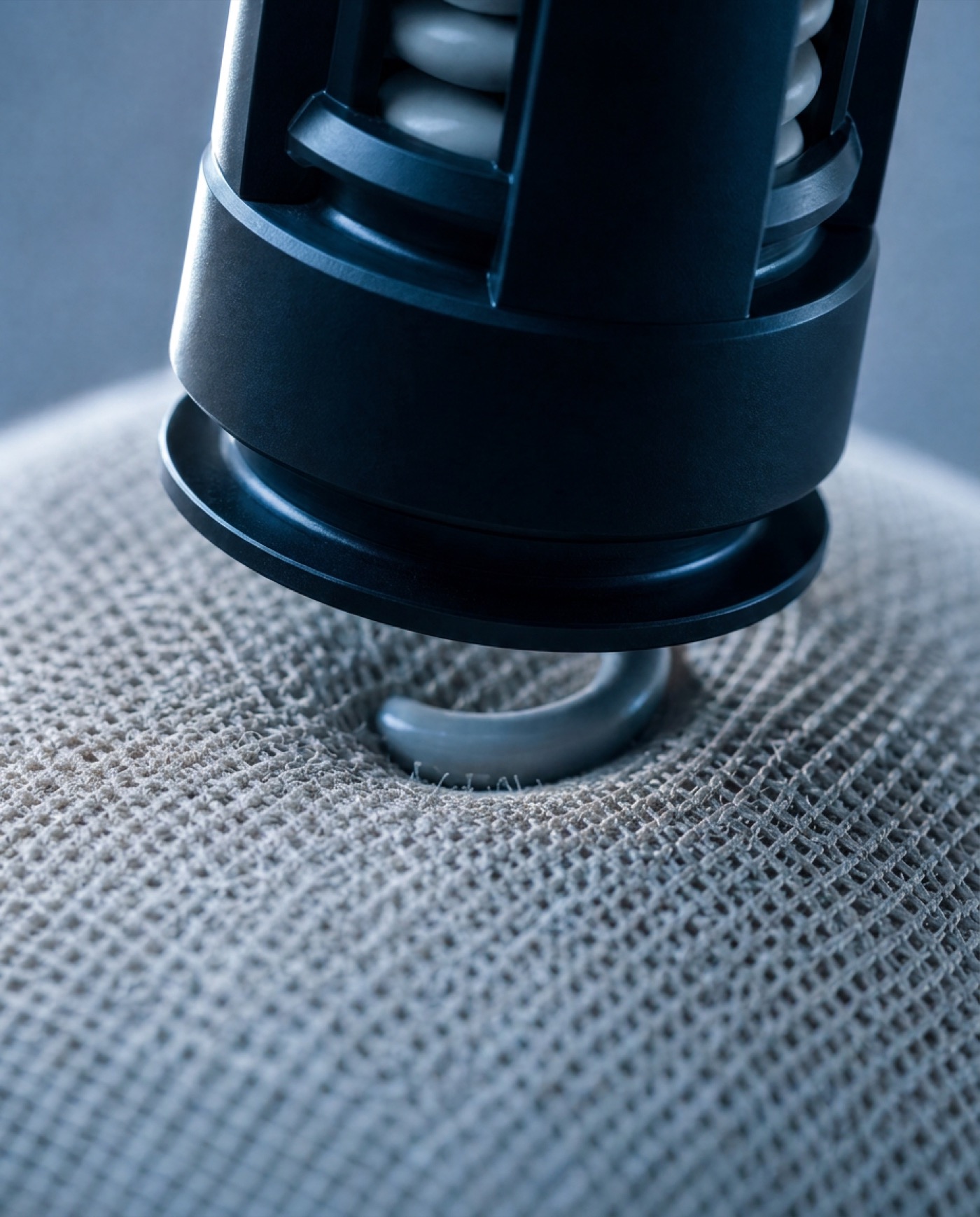 The electrode spring pressing through a woven mesh to reach the surface beneath
