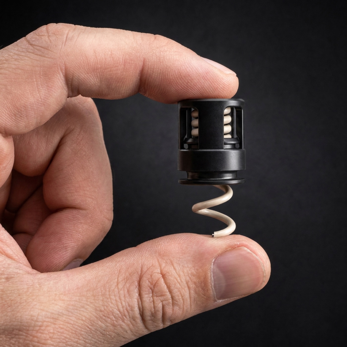 A Syn-R1 electrode held between finger and thumb, showing its actual size